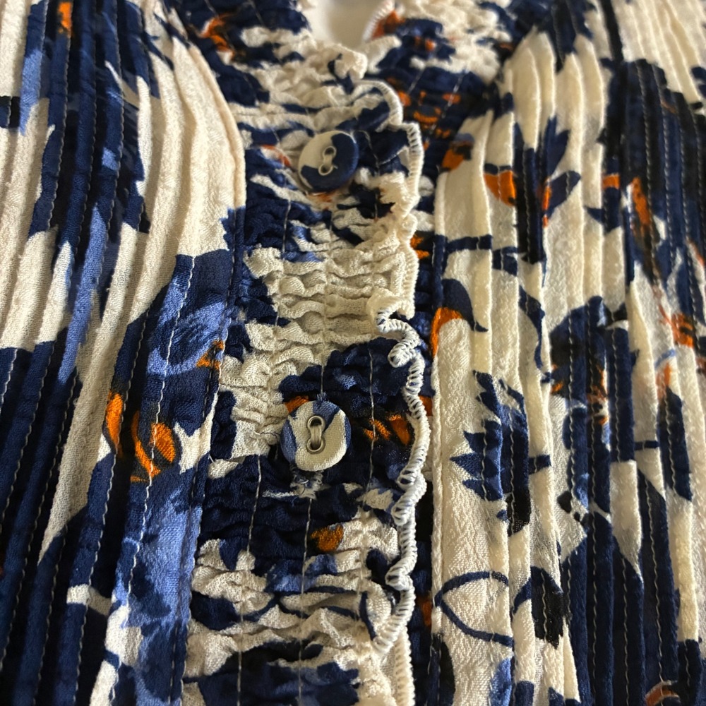 DVF Layla Shirt Dress Sz L Blue & Orange Floral Pintuck Boho Cottage Core - Picture 6 of 11